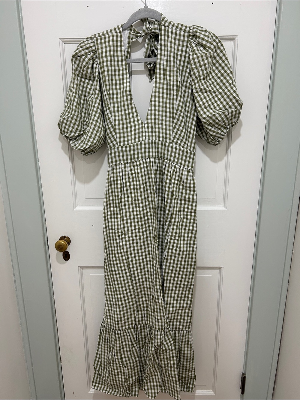 Faithfull the Brand Olive Gingham Puff-Sleeve Midi Dress